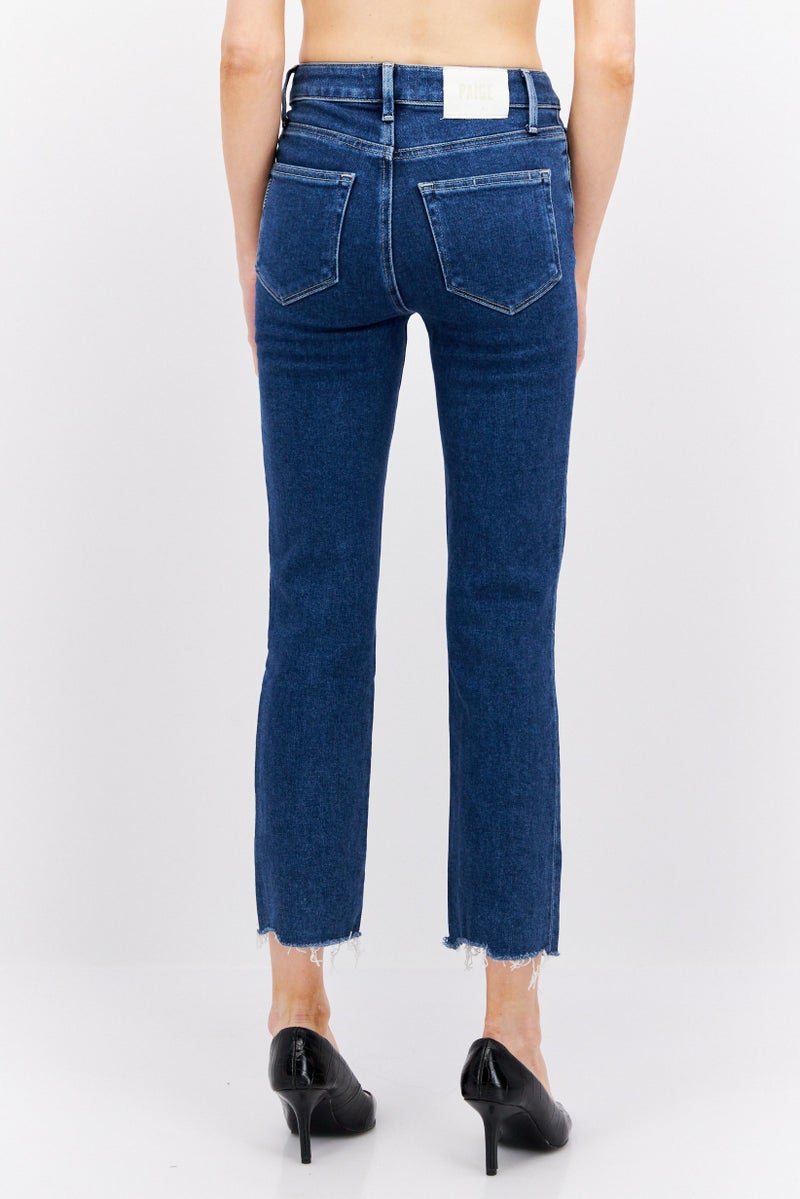 PAIGE Women Cropped Fit Straight Leg Stretch Jeans, Navy - Image 2