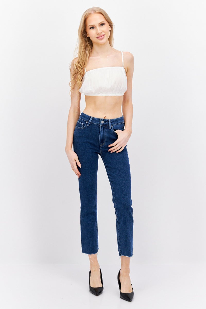 PAIGE Women Cropped Fit Straight Leg Stretch Jeans, Navy - Image 3