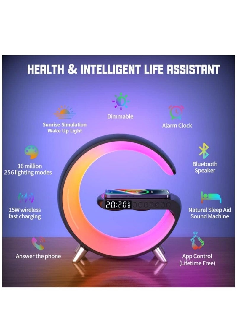 ELTRAZONE - Wireless Charger Atmosphere Lamp, Portable LED Bluetooth Speaker Wireless Charger with Desk Lamp Bedside RGB Night Light, App Control Mini Music Lamp Digital Alarm Clock Speaker - Image 1