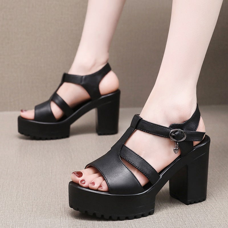 Cowhide Model Catwalk High-Heeled Sandals For Women, New Summer Waterproof Platform Thick-Soled Fashion Women'S Shoes, Chunky Heel Large Size Sandals - Image 5
