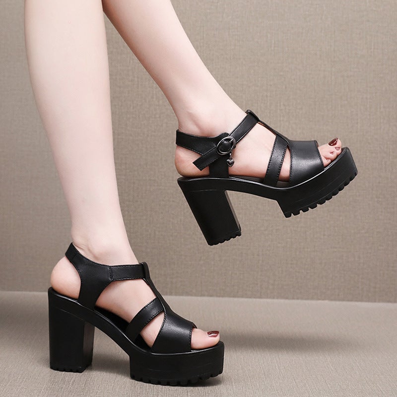 Cowhide Model Catwalk High-Heeled Sandals For Women, New Summer Waterproof Platform Thick-Soled Fashion Women'S Shoes, Chunky Heel Large Size Sandals - Image 4