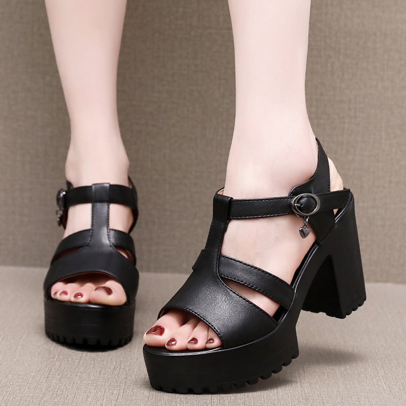 Cowhide Model Catwalk High-Heeled Sandals For Women, New Summer Waterproof Platform Thick-Soled Fashion Women'S Shoes, Chunky Heel Large Size Sandals - Image 2