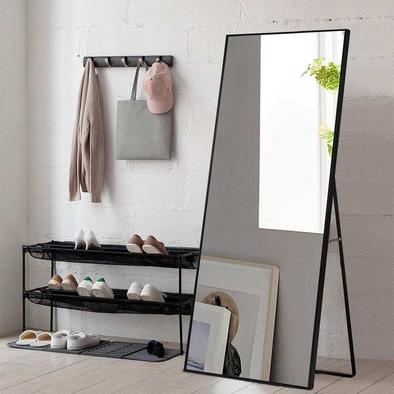 CASSILANDO مرآة بارتفاع كامل بمقاس 165x60 سم، مثبتة على الأرض، مناسبة لغرفة النوم أو غرفة الملابس، بلون أسود. - Image 5