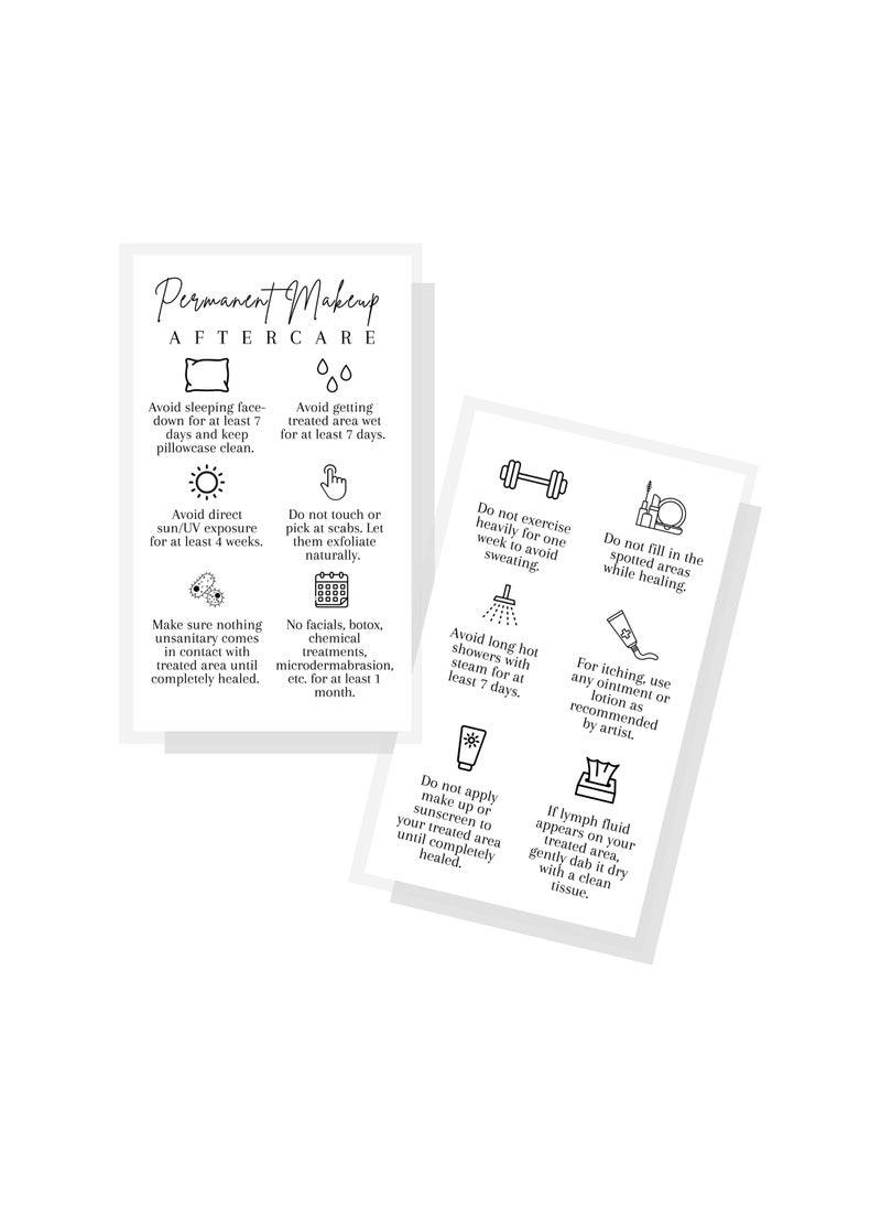 Lashicorn Permanent Makeup PMU aftercare Instructions Minimalist | 50 pk 2 x 3.5” business cards Makeup Artist Tattoo Microblading, Lip Blushing, Eyeliner Client Cards How To Care for White and black Simple  - Image 1