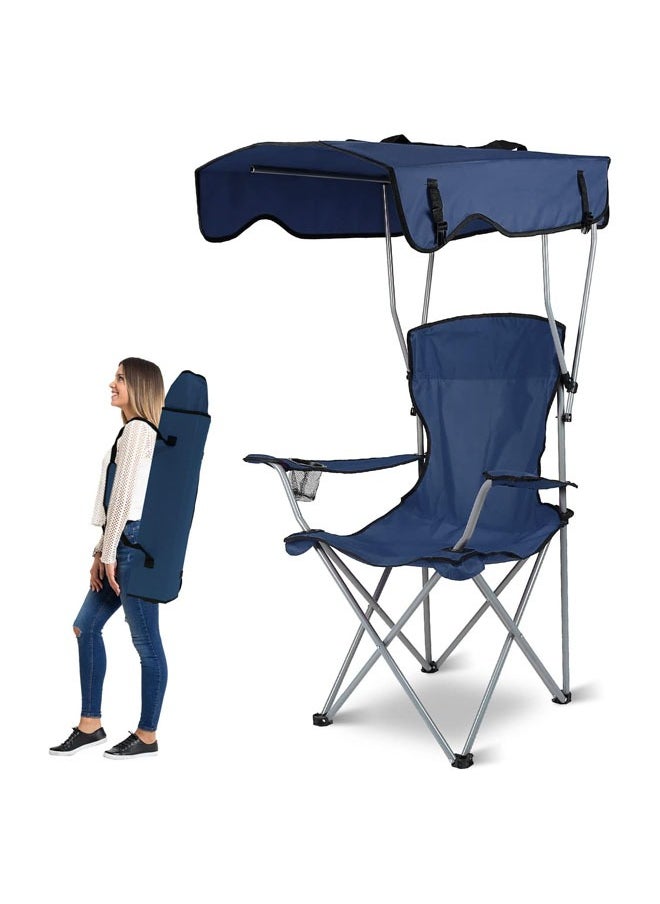 Hihonor - Camping Chair with Canopy, Outdoor Folding Lounge Chair with Adjustable Sun Shade & Cup Holder, Portable Camping Recliner for Camp, Beach, Outdoor Sports, Navy Blue - Image 1