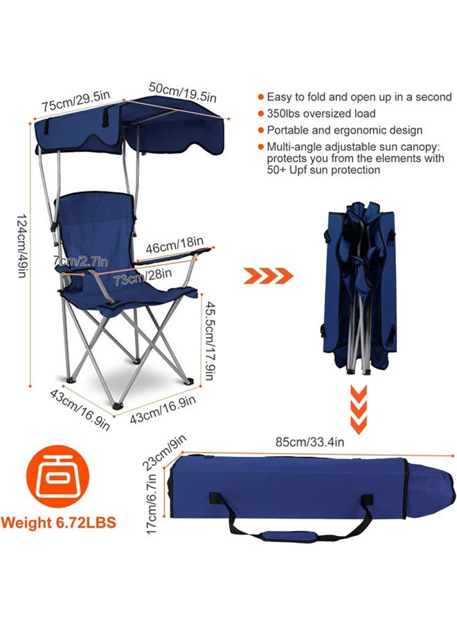 Hihonor - Camping Chair with Canopy, Outdoor Folding Lounge Chair with Adjustable Sun Shade & Cup Holder, Portable Camping Recliner for Camp, Beach, Outdoor Sports, Navy Blue - Image 1