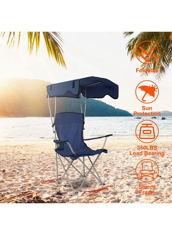 Hihonor - Camping Chair with Canopy, Outdoor Folding Lounge Chair with Adjustable Sun Shade & Cup Holder, Portable Camping Recliner for Camp, Beach, Outdoor Sports, Navy Blue - Image 1