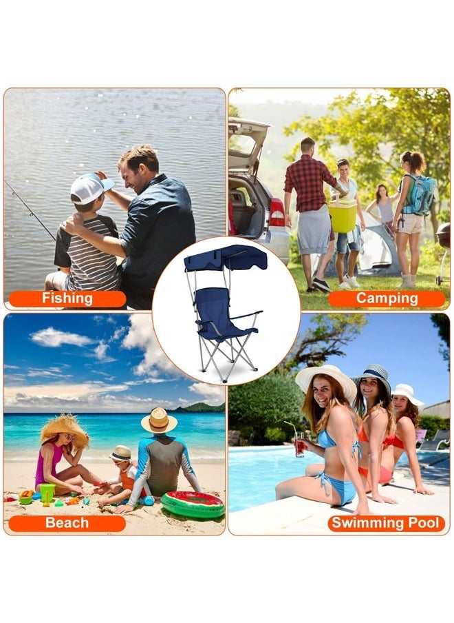 Hihonor - Camping Chair with Canopy, Outdoor Folding Lounge Chair with Adjustable Sun Shade & Cup Holder, Portable Camping Recliner for Camp, Beach, Outdoor Sports, Navy Blue - Image 1