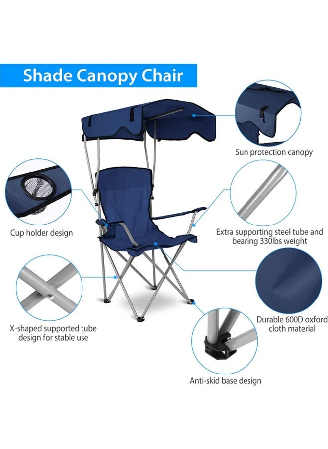 Hihonor - Camping Chair with Canopy, Outdoor Folding Lounge Chair with Adjustable Sun Shade & Cup Holder, Portable Camping Recliner for Camp, Beach, Outdoor Sports, Navy Blue - Image 1