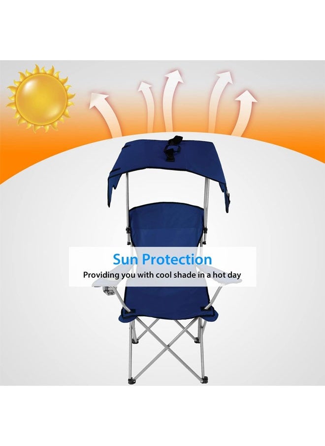 Hihonor - Camping Chair with Canopy, Outdoor Folding Lounge Chair with Adjustable Sun Shade & Cup Holder, Portable Camping Recliner for Camp, Beach, Outdoor Sports, Navy Blue - Image 1