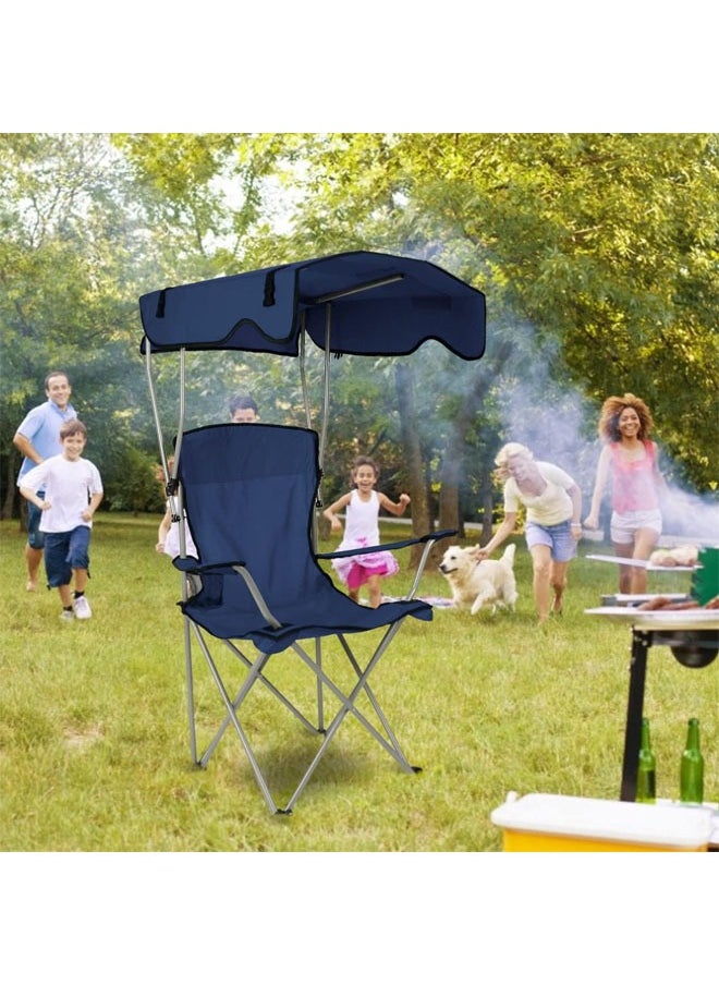 Hihonor - Camping Chair with Canopy, Outdoor Folding Lounge Chair with Adjustable Sun Shade & Cup Holder, Portable Camping Recliner for Camp, Beach, Outdoor Sports, Navy Blue - Image 1