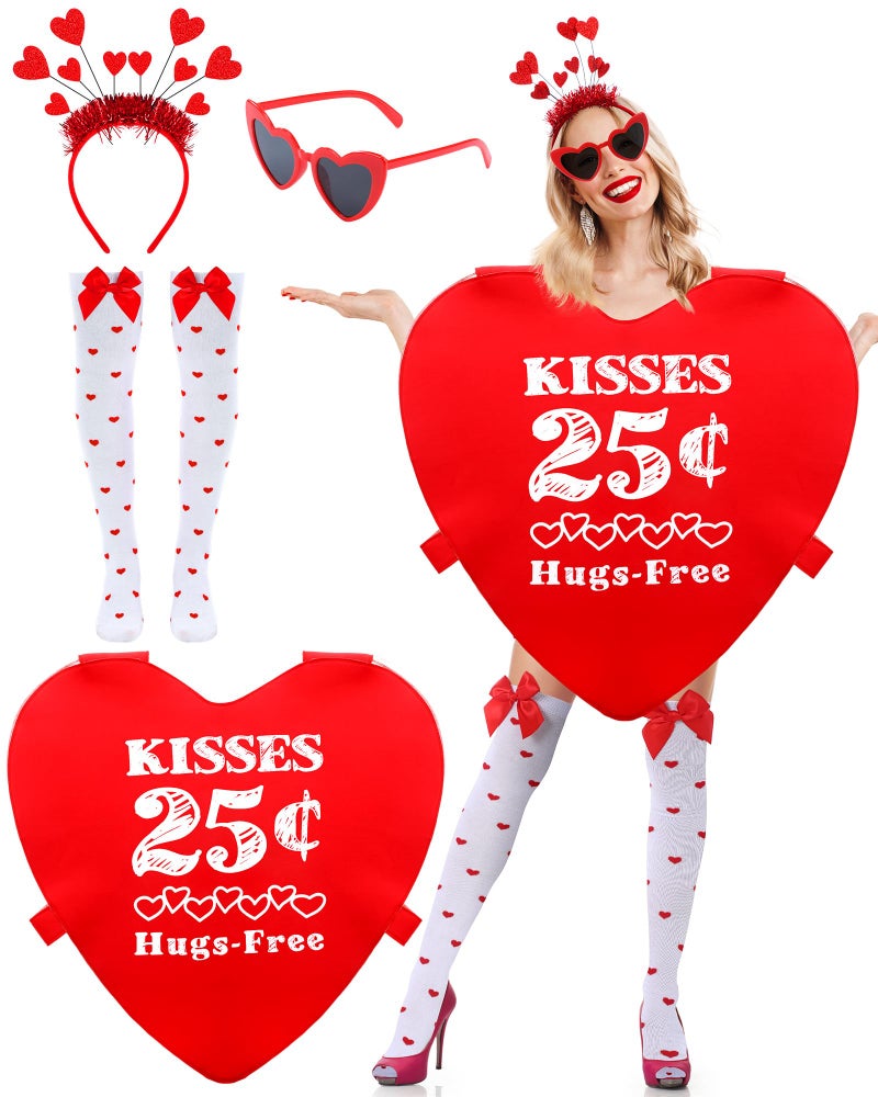 Maiteenly 4 Pcs Valentine Costume Accessory Set Heart Costume for Women Men with Sunglasses Stockings Headband Red Tunic Adult Outfits for Anniversary Birthday - Image 1