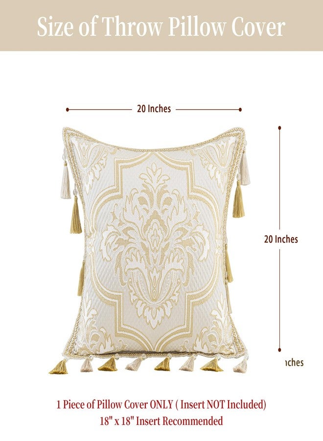 Loom and Mill غطاء وسادة فاخر من قطعة واحدة من لوم آند ميل، مقاس 20 × 20 بوصة، غطاء وسادة مزخرف بنقشة دمشقية أوروبية مع شرابات، أغطية وسائد جاكار أنيقة لغرفة المعيشة وغرفة النوم والأريكة والكرسي (بيج ذهبي). - Image 2