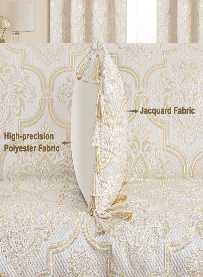 Loom and Mill غطاء وسادة فاخر من قطعة واحدة من لوم آند ميل، مقاس 20 × 20 بوصة، غطاء وسادة مزخرف بنقشة دمشقية أوروبية مع شرابات، أغطية وسائد جاكار أنيقة لغرفة المعيشة وغرفة النوم والأريكة والكرسي (بيج ذهبي). - Image 3