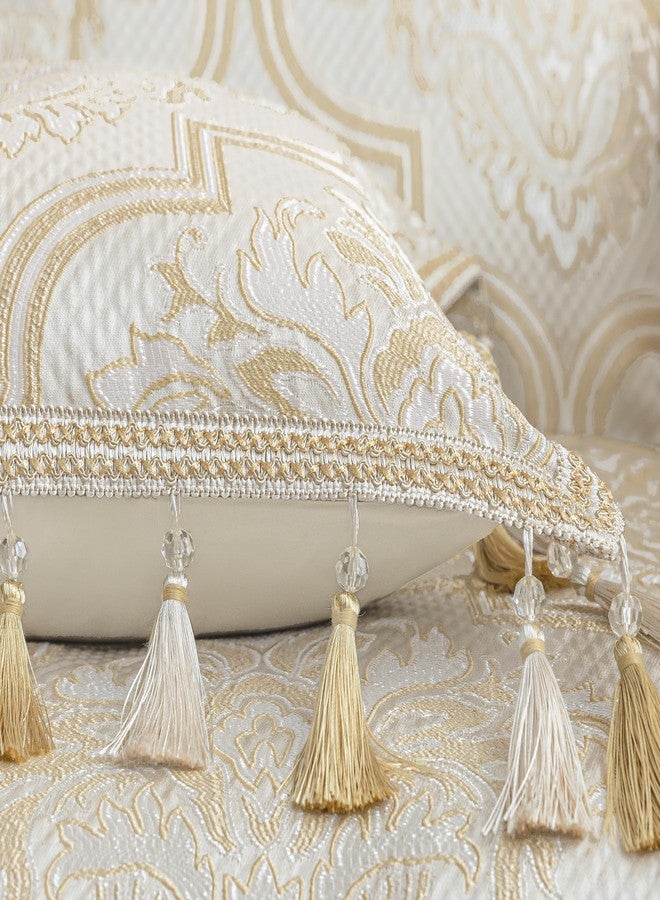 Loom and Mill غطاء وسادة فاخر من قطعة واحدة من لوم آند ميل، مقاس 20 × 20 بوصة، غطاء وسادة مزخرف بنقشة دمشقية أوروبية مع شرابات، أغطية وسائد جاكار أنيقة لغرفة المعيشة وغرفة النوم والأريكة والكرسي (بيج ذهبي). - Image 4