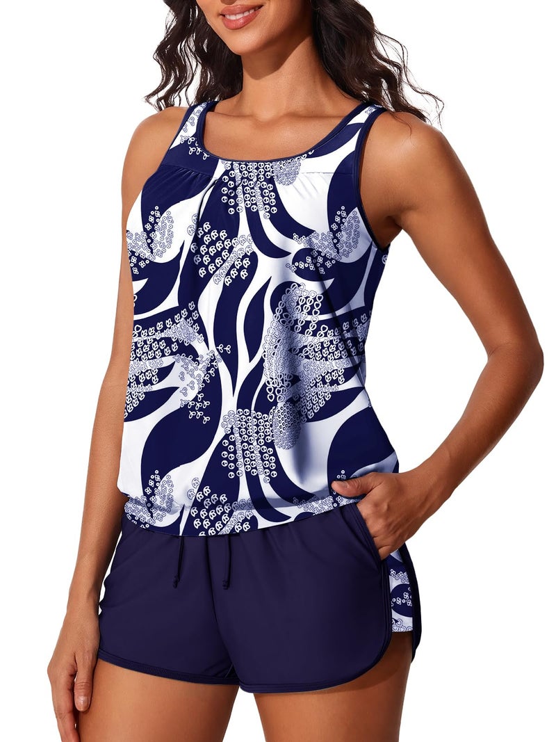 Summer Mae Blouson Women's Tankini Swimsuits Tummy Control Modest 2026 Two Piece with Sporty Pockets Bathing Suits Indigo Tribal Medium - Image 1