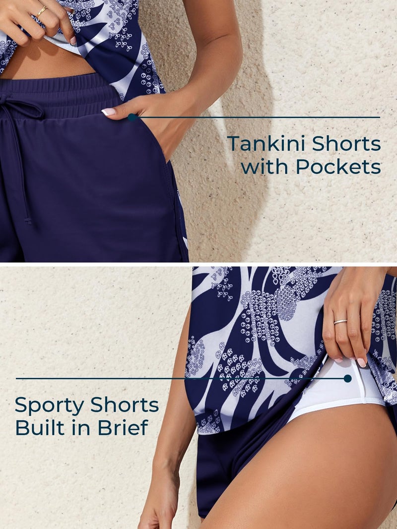 Summer Mae Blouson Women's Tankini Swimsuits Tummy Control Modest 2026 Two Piece with Sporty Pockets Bathing Suits Indigo Tribal Medium - Image 4