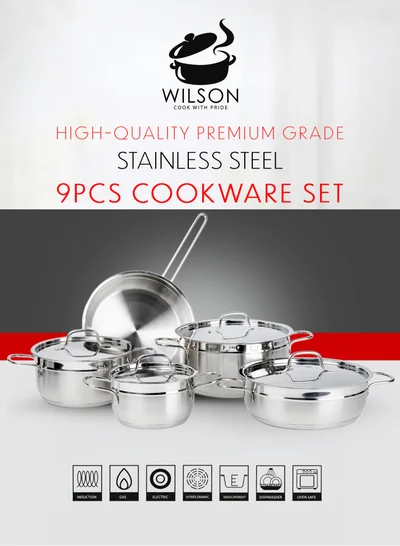 Wilson Elegance Stainless Steel 9-Piece Cookware Set - Casserole, Fry Pan Heavy Duty With Stainless Steel Handle Gas Stovetops Compatible For Family Meals