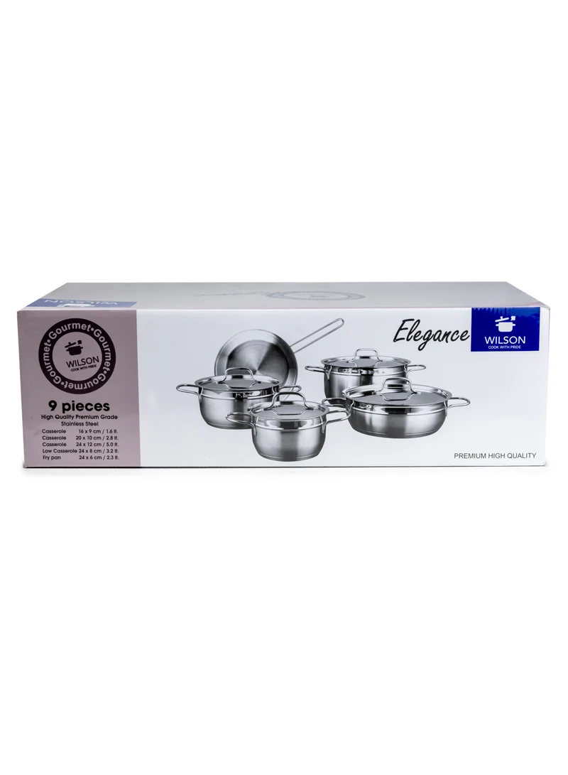 Wilson Elegance Stainless Steel 9-Piece Cookware Set - Casserole, Fry Pan Heavy Duty With Stainless Steel Handle Gas Stovetops Compatible For Family Meals
