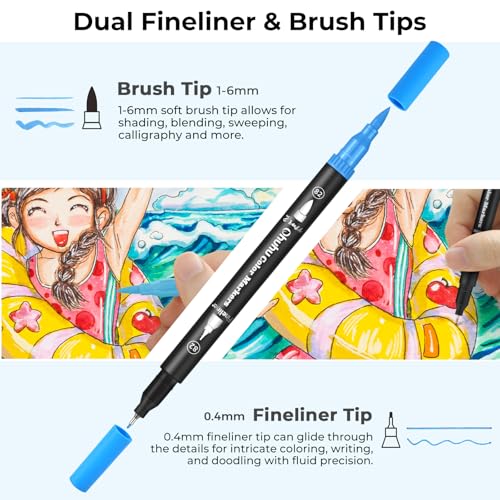 Ohuhu Markers for Adult Coloring Books No Bleeding 120 Colors Coloring Markers Water-based Dual Tips Fineliner & Brush Drawing Pens Art Pens for Kids Adults Sketch Journal - Maui - Black - Image 3
