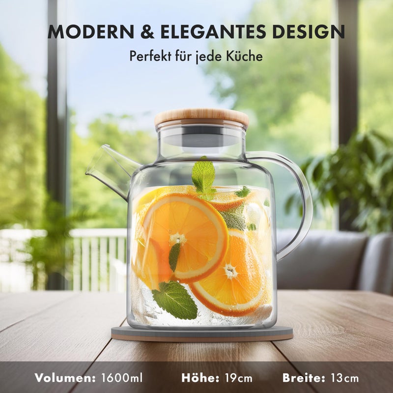 EDELHAUS EDELHAUS® Water Carafe / Glass Carafe with Lid 1.5 Litres - Also as a Teapot Glass with Strainer Insert - Robust Carafe Glass Jug with Bamboo Lid - Water Jug, Glass Jug, Water Jug with Saucer  - Image 2