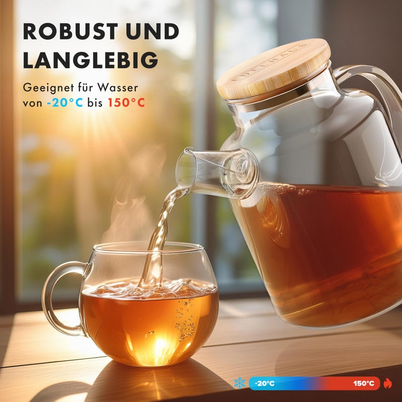 EDELHAUS EDELHAUS® Water Carafe / Glass Carafe with Lid 1.5 Litres - Also as a Teapot Glass with Strainer Insert - Robust Carafe Glass Jug with Bamboo Lid - Water Jug, Glass Jug, Water Jug with Saucer  - Image 5