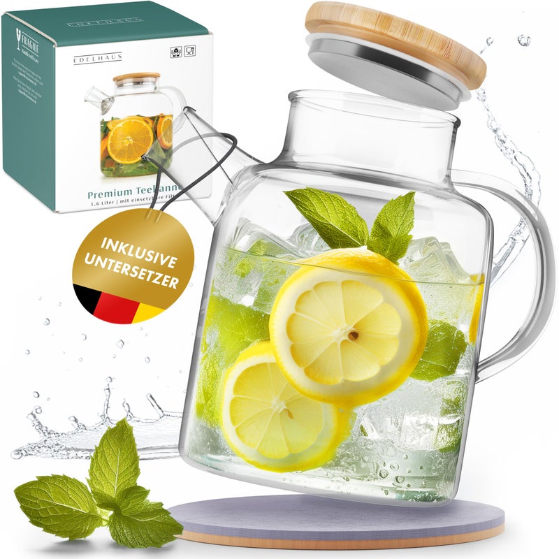 EDELHAUS EDELHAUS® Water Carafe / Glass Carafe with Lid 1.5 Litres - Also as a Teapot Glass with Strainer Insert - Robust Carafe Glass Jug with Bamboo Lid - Water Jug, Glass Jug, Water Jug with Saucer  - Image 1