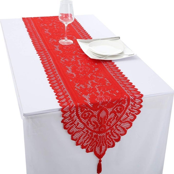 LACE TABLE CLOTH RUNNER FOR WEDDING BANQUET DECORATIONS CHRISTMAS PARTY TABLE DECOR RED 13 X 70 INCH