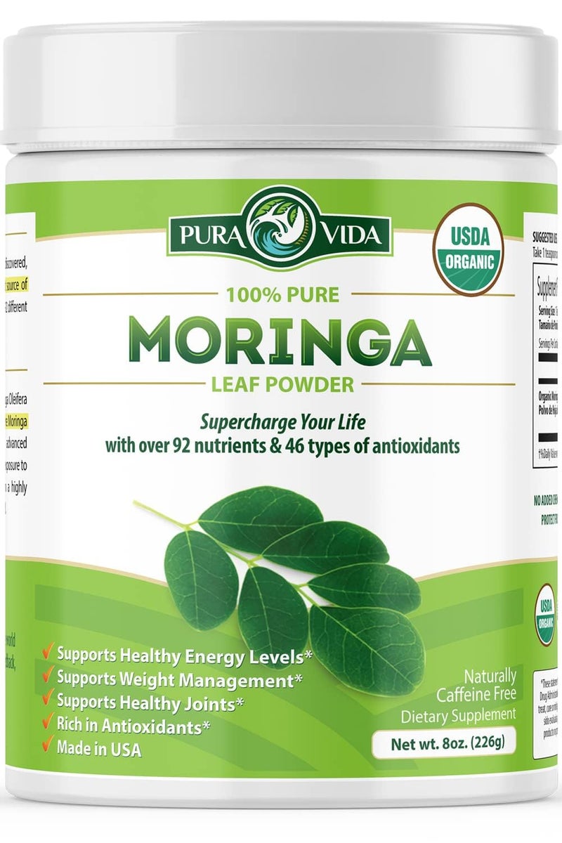 PURA VIDA MORINGA Powder Organic Single Origin - Premium 100% Leaf Powder, USDA Organic Moringa Oleifera, Moringa Leaf Powder - Perfect for Smoothies & Recipes. 8 oz. - Image 1