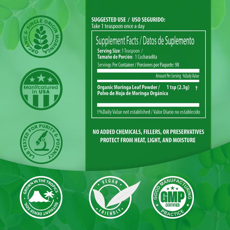 PURA VIDA MORINGA Powder Organic Single Origin - Premium 100% Leaf Powder, USDA Organic Moringa Oleifera, Moringa Leaf Powder - Perfect for Smoothies & Recipes. 8 oz. - Image 4