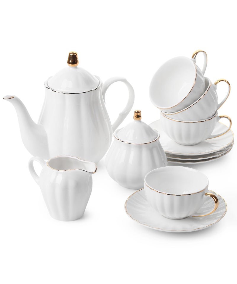 BTaT Classic tea set 13 pcs Tea Cups 7oz Tea Pot with Stainless Steel Infuser 32oz Creamer and Sugar Set Porcelain Tea Set White Tea Set Tea Pot Sets with Cups