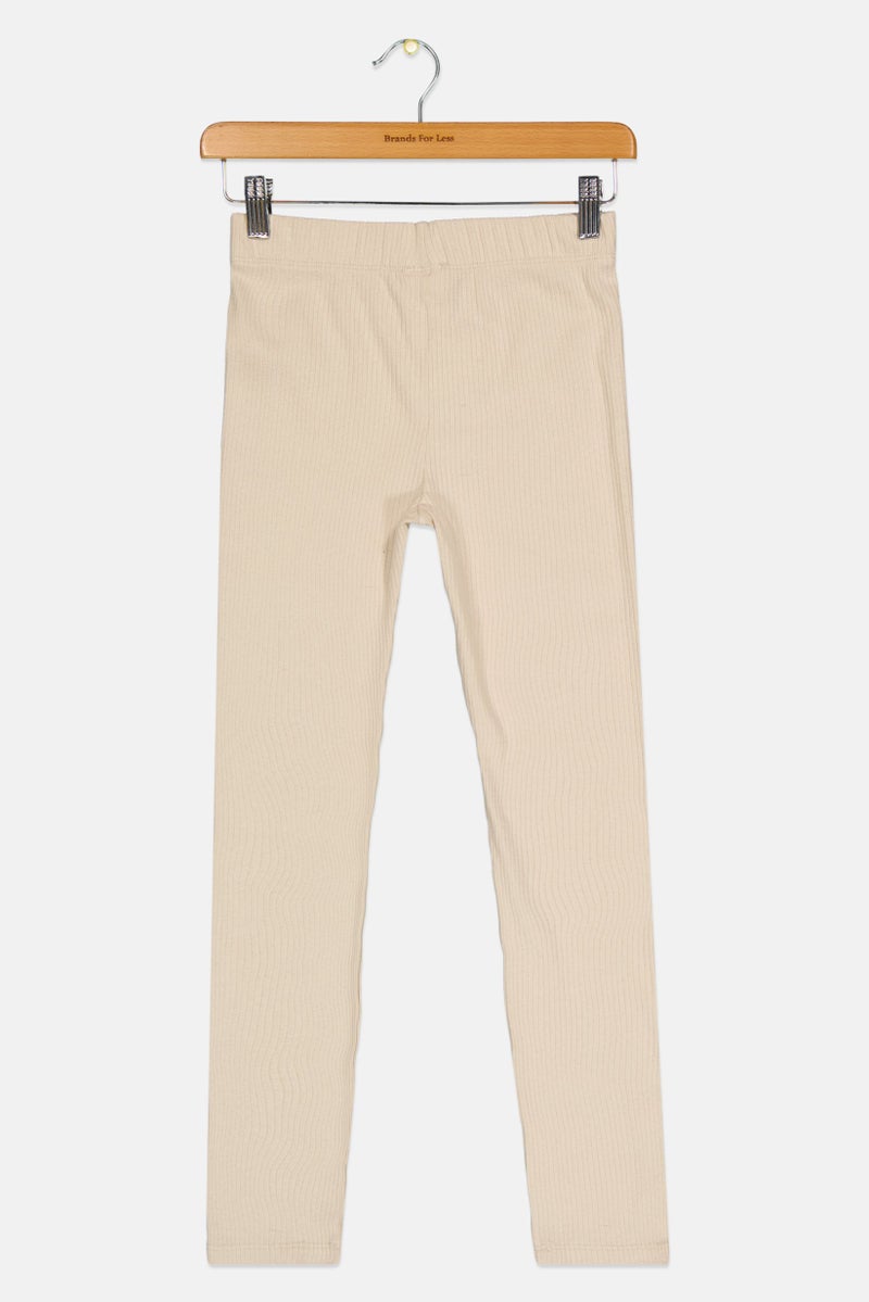 KOTON Kids Girl Ribbed Pull On Leggings, Beige - Image 3