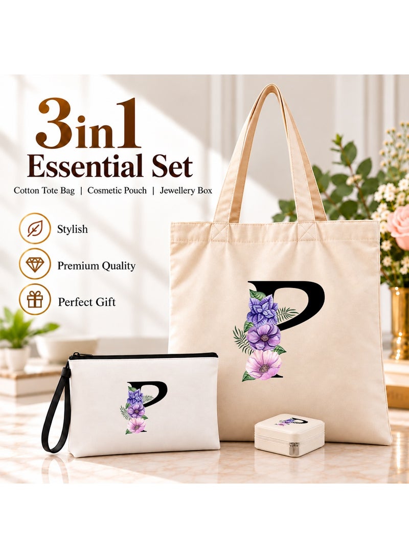 برينت شوب فور مي مجموعة هدايا (حرف مزين بالزهور): حقيبة تسوق (Tote Bag) + حقيبة صغيرة (Pouch) + علبة مجوهرات (3 في 1) - Image 2