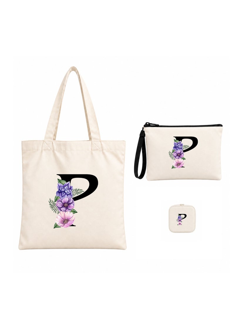 برينت شوب فور مي مجموعة هدايا (حرف مزين بالزهور): حقيبة تسوق (Tote Bag) + حقيبة صغيرة (Pouch) + علبة مجوهرات (3 في 1) - Image 1