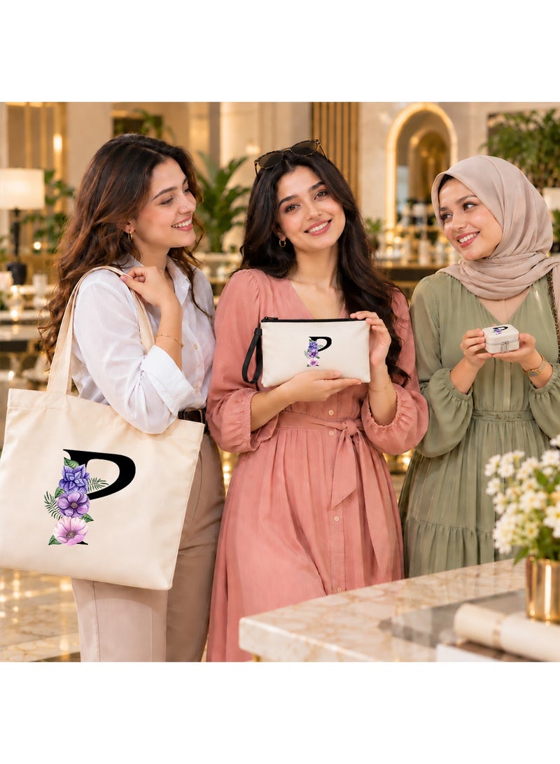 برينت شوب فور مي مجموعة هدايا (حرف مزين بالزهور): حقيبة تسوق (Tote Bag) + حقيبة صغيرة (Pouch) + علبة مجوهرات (3 في 1) - Image 5