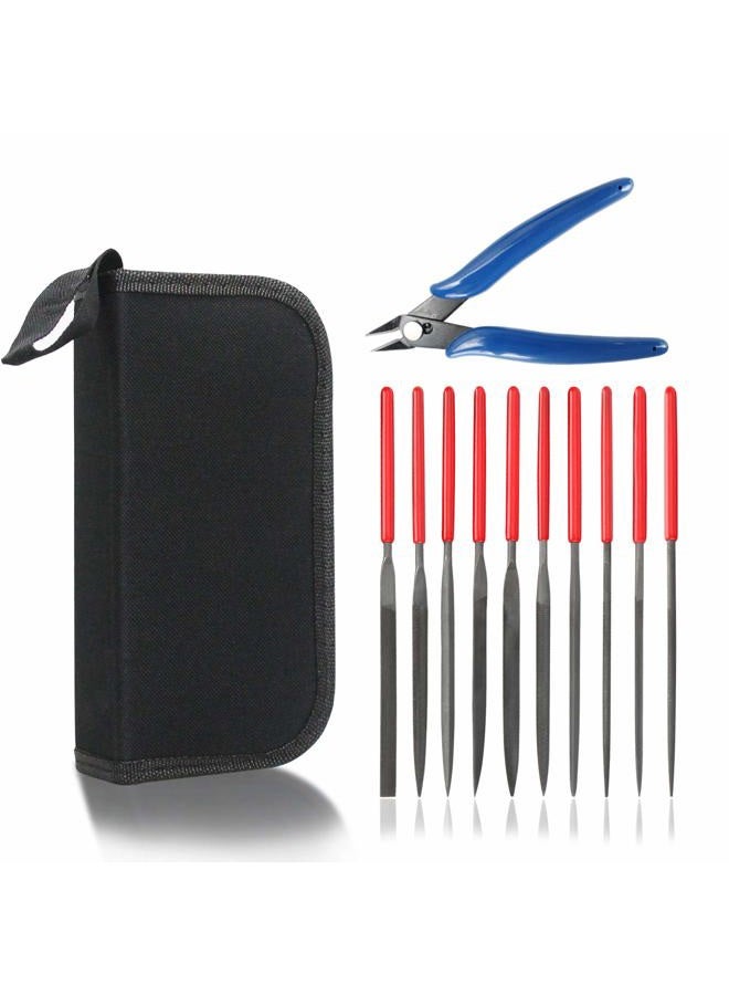 Kalim Needle File Set (10Pcs High Carbon Steel Files) and 1 Wire Cutter in A Carry Bag, File Tools for Soft Metal, Wood, Jewelry, Model, DIY, Hobby, etc. - Image 1