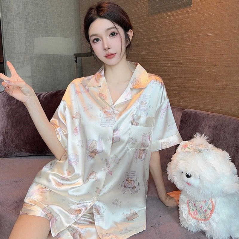 Simple and Sweet Love-Printed New Style Imitation Silk Pajamas for Women, Short-Sleeved Shorts, Cardigan, Home Wear, Can Be Worn Outside as a Set - Image 1