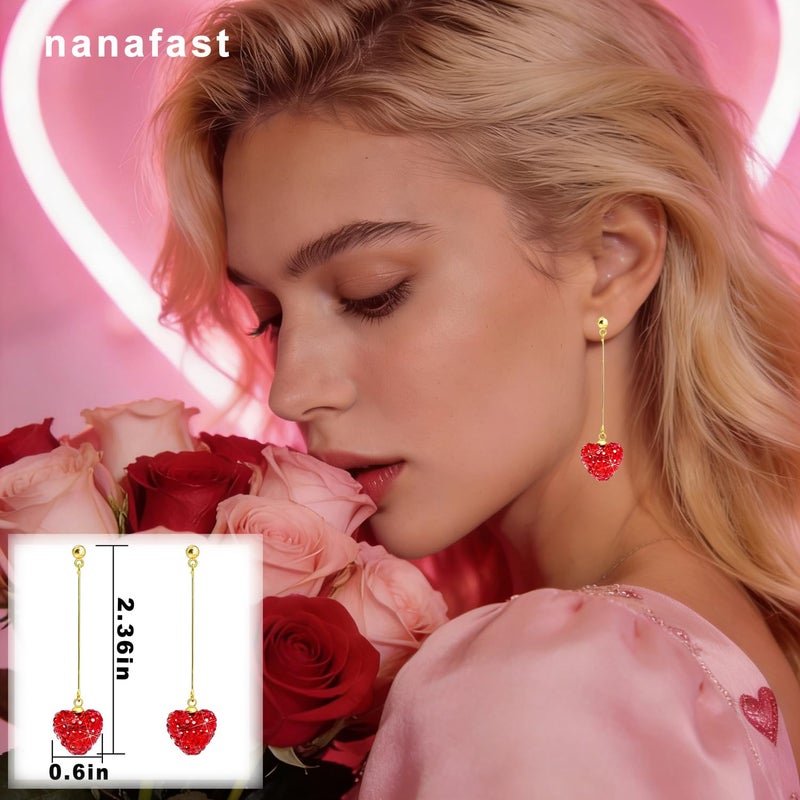 Nanafast Valentines Earrings for Women Girlfriend, Glitter Red Heart Earrings Rhinestones Setting, Party Holiday Festive Outfits, Romantic Birthday Christmas Valentines Day Gifts for Her-stud - Image 3