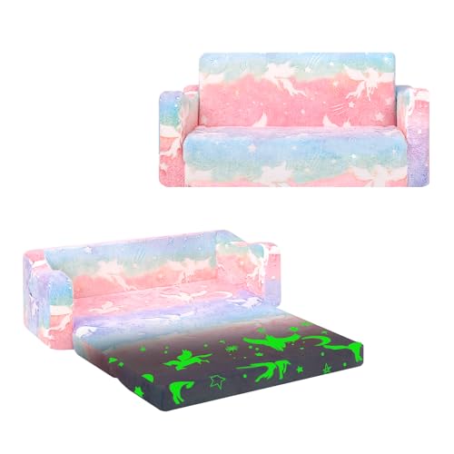 alldomess Kids Couch Extra LargeGlow in the Dark 2in1 Folding Kids Sofa Bed for Girls2 Seats Convertible Sleeper Lounger Couch for Children Bedroom Playroom Nursery Unicorn - Image 1