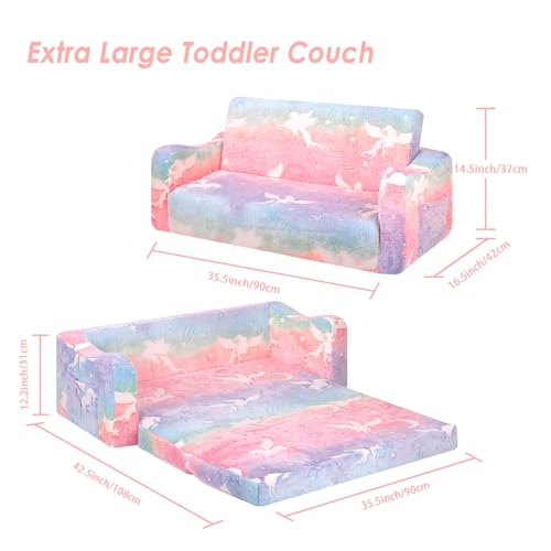 alldomess Kids Couch Extra LargeGlow in the Dark 2in1 Folding Kids Sofa Bed for Girls2 Seats Convertible Sleeper Lounger Couch for Children Bedroom Playroom Nursery Unicorn - Image 3