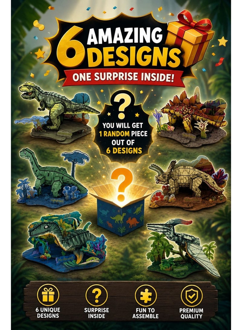3D Wooden Dinosaur Puzzle Model Kit for Kids – 1 Random Surprise Design from 6 Collectible Dinosaur Models | DIY Educational STEM Toy | Easy to Assemble - Image 1