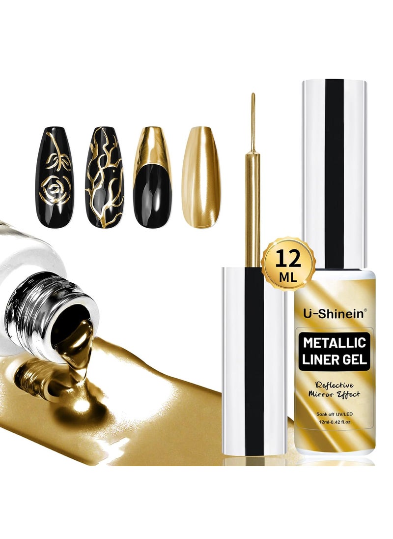U-Shinein 12ml Metallic Painting Gel Liner Nail Art 3D Mirror Chrome Effect Gel Nail Polish Metal Painted Drawing Gel Build in Thin Brush Soak Off UV/LED Gold Striper Gel for Salon Home DIY Manicure 