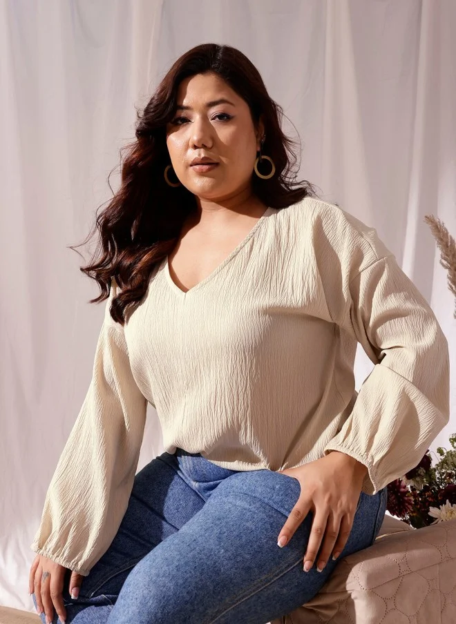 CURVY STREET Beige V-Neck Regular Top for Women