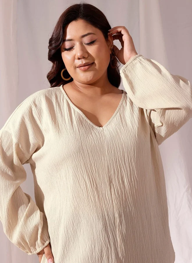 CURVY STREET Beige V-Neck Regular Top for Women