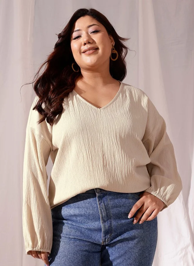 CURVY STREET Beige V-Neck Regular Top for Women