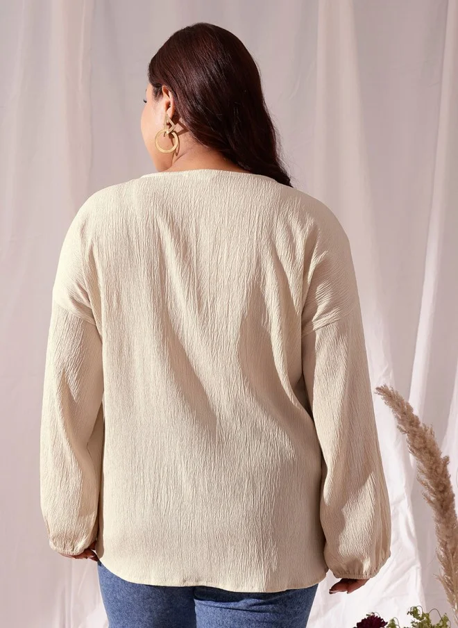 CURVY STREET Beige V-Neck Regular Top for Women