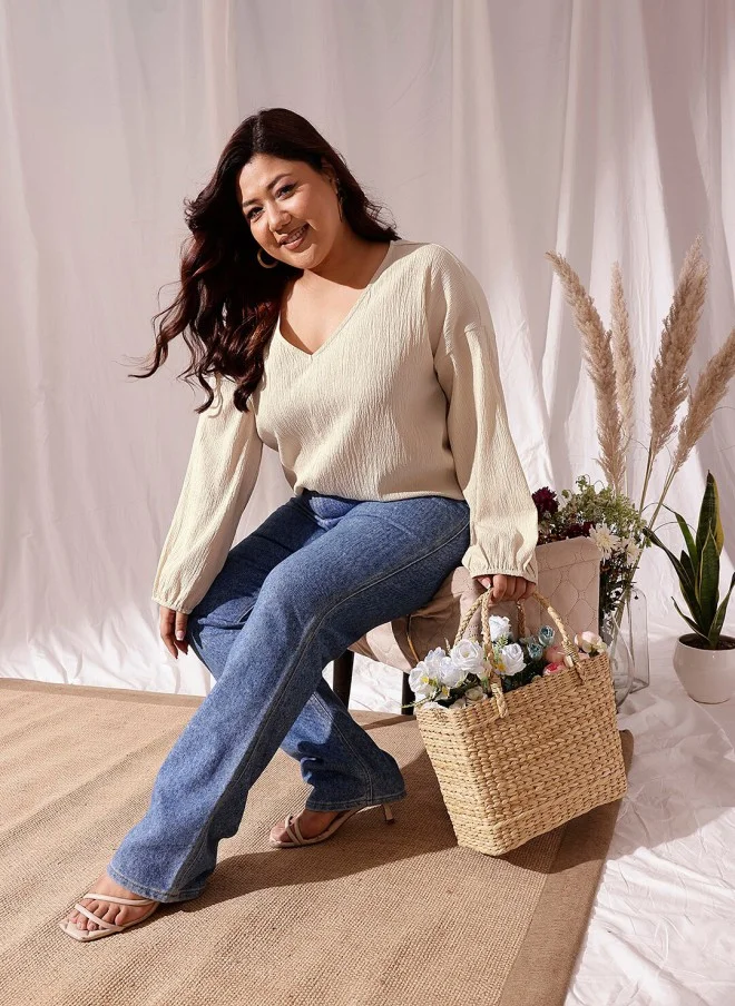 CURVY STREET Beige V-Neck Regular Top for Women