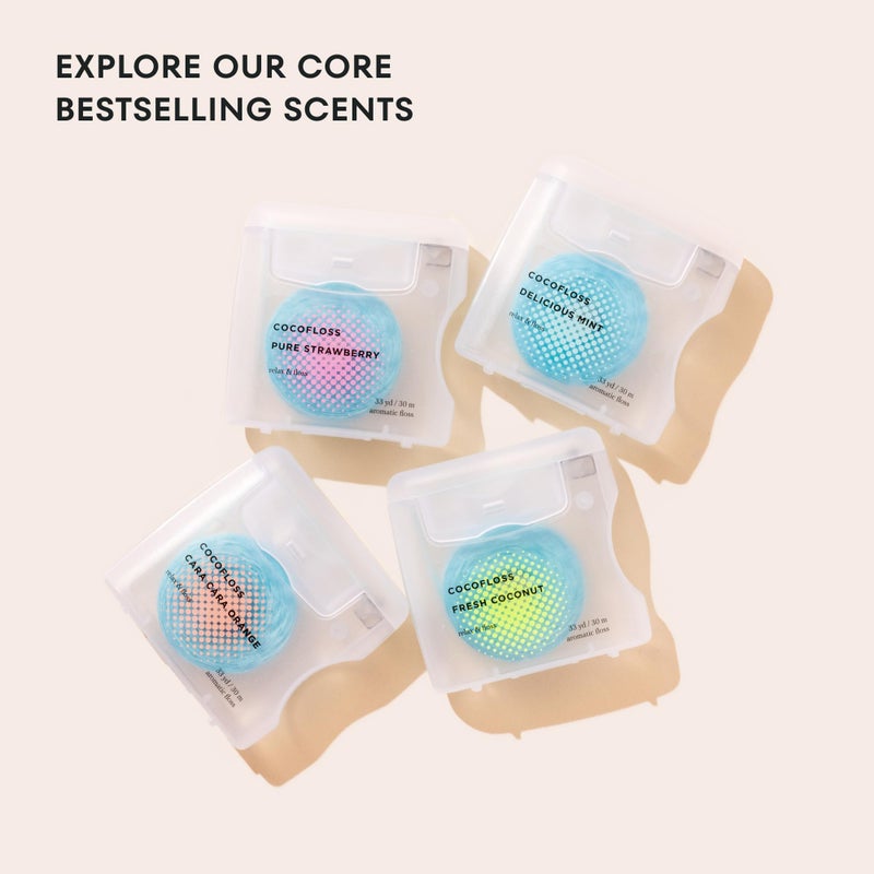 Cocofloss Woven Dental Floss, Dentist-Designed Oral Care, Waxed, Vegan, Kid-Friendly, with Coconut Oil, 4-Pack of Mint, Coconut, Orange, Strawberry (33 yard Each) - Image 3