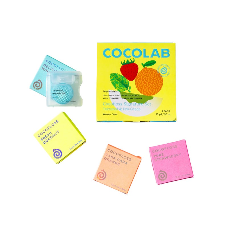 Cocofloss Woven Dental Floss, Dentist-Designed Oral Care, Waxed, Vegan, Kid-Friendly, with Coconut Oil, 4-Pack of Mint, Coconut, Orange, Strawberry (33 yard Each) - Image 1
