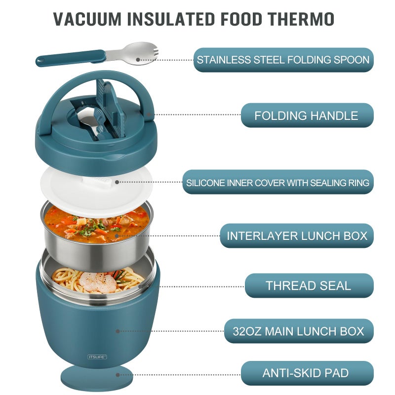 ITSLIFE Soup Thermo for Hot Food Adults 32OZ Lunch Containers Wide Mouth Hot Food Jar Vacuum Insulated Stainless Steel Bento Box Leakproof with Spoon (Light Blue) - Image 2